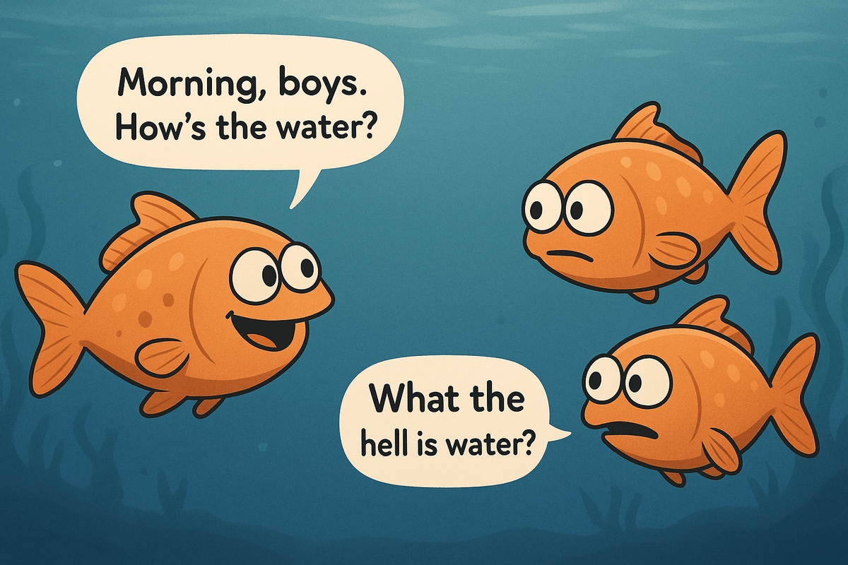 Two young fish swimming along meet an older fish who asks 'Morning, boys. How's the water?' The young fish continue swimming, with one eventually asking 'What the hell is water?'